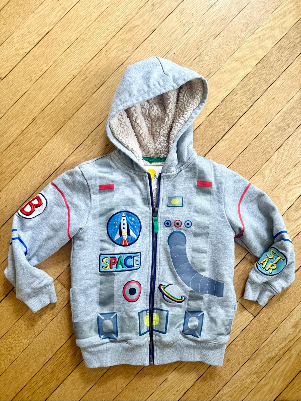 Mini Boden Gray Space-Themed Astronaut Hooded Zip Sweatshirt with Sherpa Lining